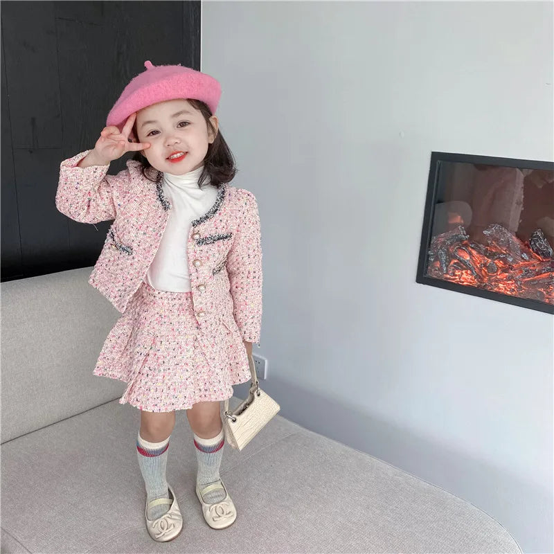 3308E Girls' Clothing Set Sweet Suit 2022 Autumn New Little Fragrant Wind Girl Two Piece Suit Knitted Coat+ Pleated Skirt