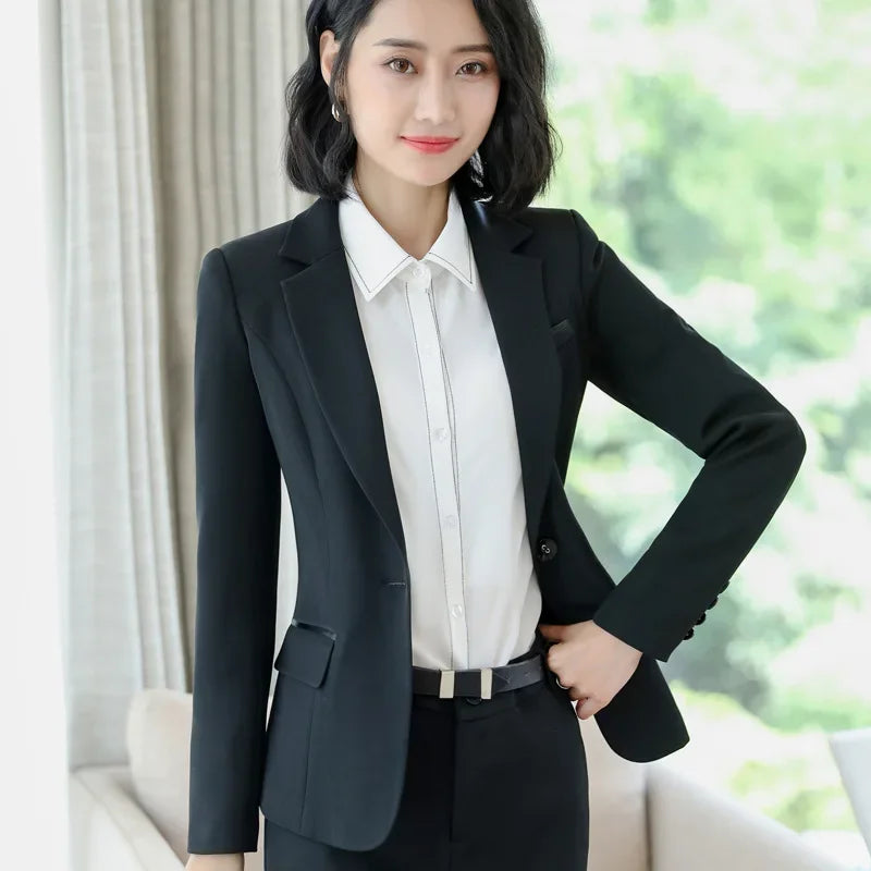 Spring Black Gray Blazer Set for Women Uniform Lady Work Outfit with Skirt Office Suits Female Formal Elegant 2 PCS