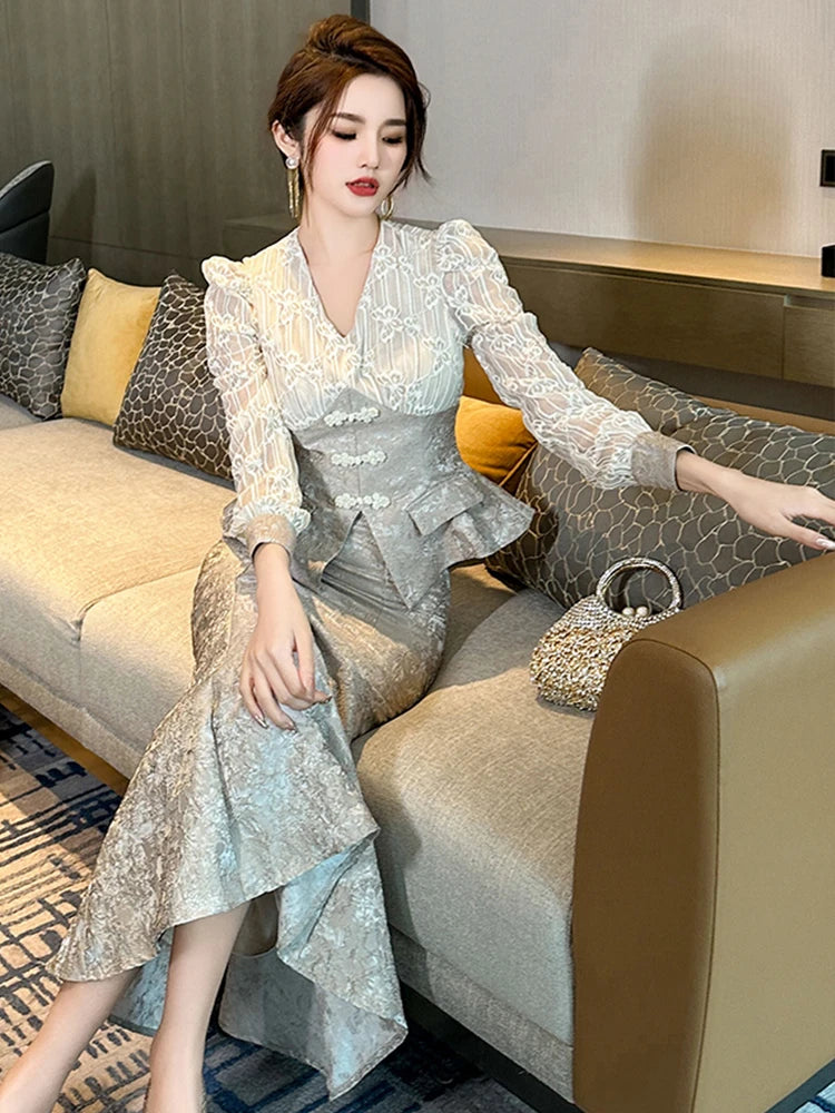 ARWEN & AJH GROUP مجموعة اروين 2024 Celebrity Style 2 Pieces Outfits Women Grey Jacquard Ruffles Tops Blouse Shirt Long Fishtail Skirts Sets Banquet Party Outfits