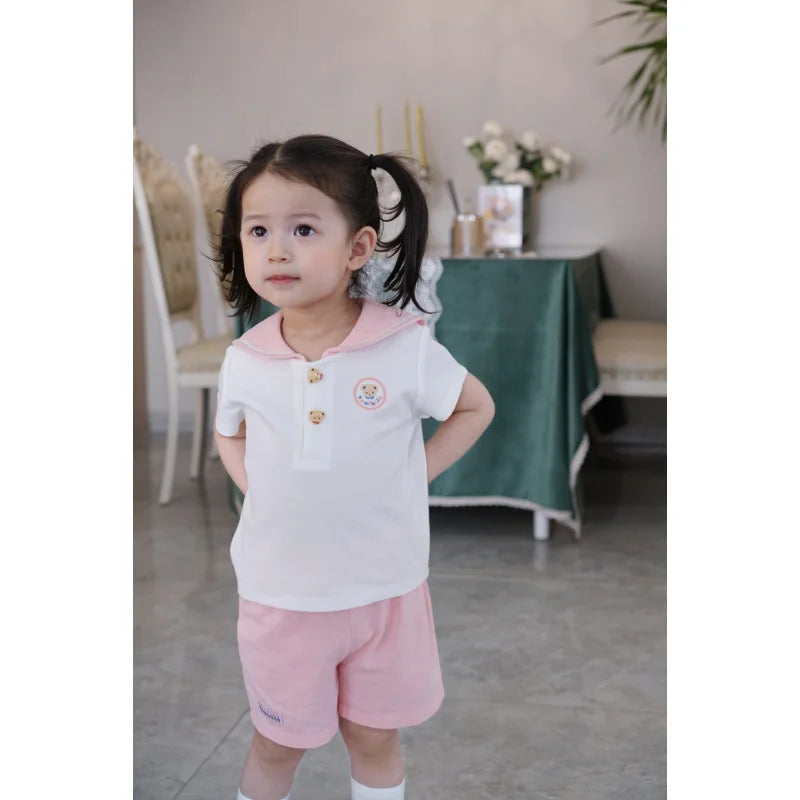 2023 Summer Children's Short-sleeved Sets New Makaron Boys Pant Set College Style Loungewear Cotton Suit Ropa Baby Girl Clothes