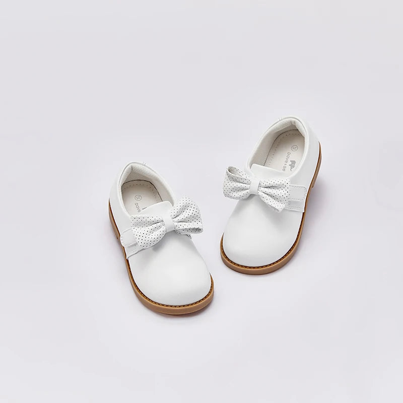 Dave Bella Girls Leather Shoes 2024 Spring New Children Shoes White Bow Princess Non-slip Sole Flat Kids Shoes ARWEN & AJH GROUP