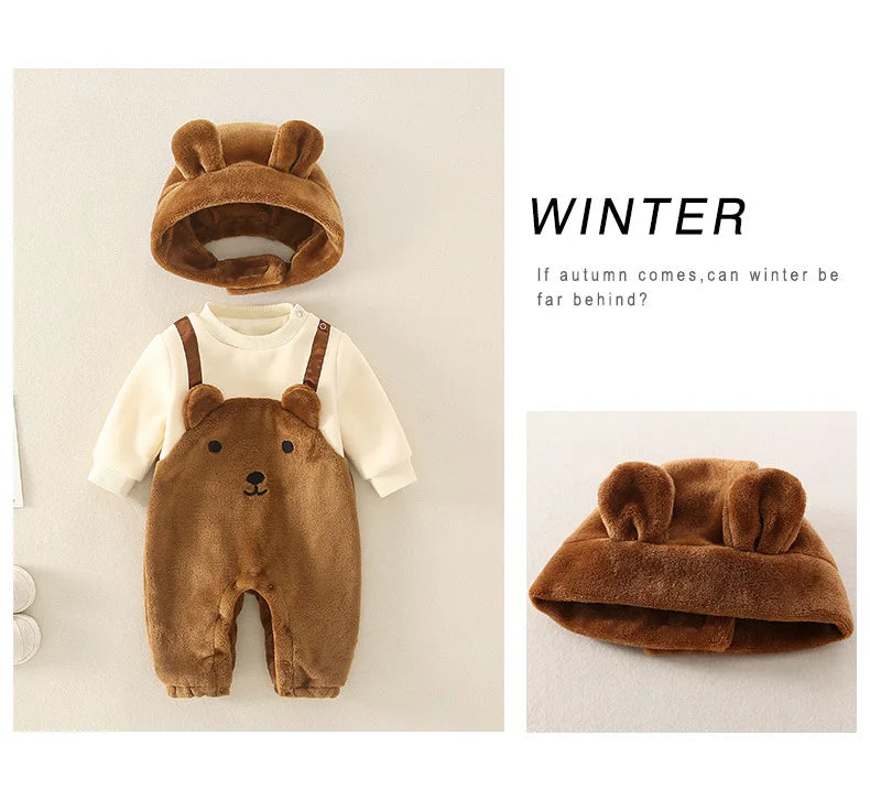 Winter Newborn Baby Clothes Plush Warm Strap jumpsuits Cute Bear Baby Girls Boys Romper Korean Style Long-sleeved Toddler Sets