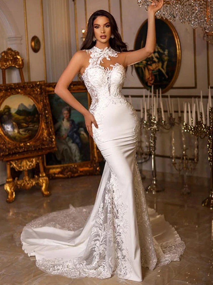 Halter Neck Sleeveless Sexy Mermaid Wedding Dress Lace Appiques Soft Satin Backless Court Train Bridal Gowns مجموعة اروين arwen & AJH GROUP