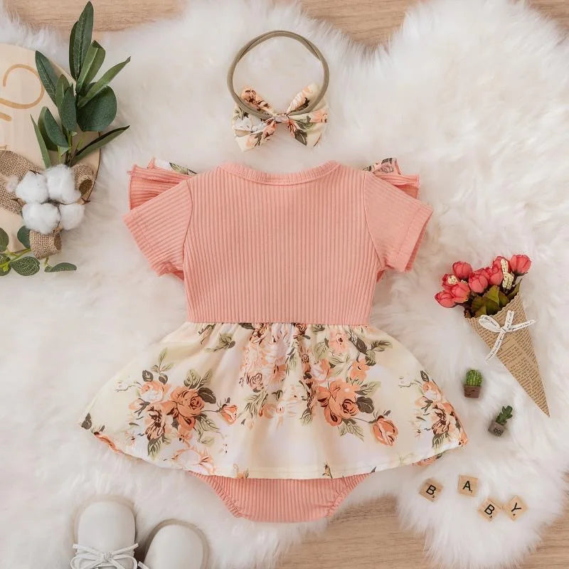 arwen&ajh مجموعة أروين التجارية 2024 Dress Baby Girl Summer Short Sleeve Fashion Cute Casual Floral Kids Princess Dresses With Headband For Newborn Baby Girls