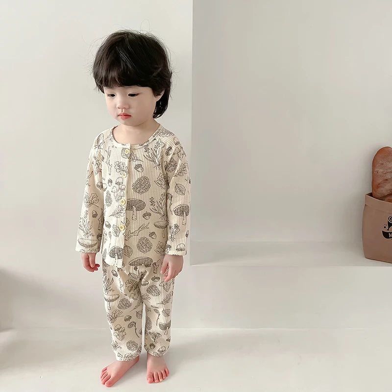 Baby Pajamas Set Loungewear Sleepwear for Kids Long Sleeve Boy Girl Breathable Cotton Waffer Top and Bottom Children's Clothes