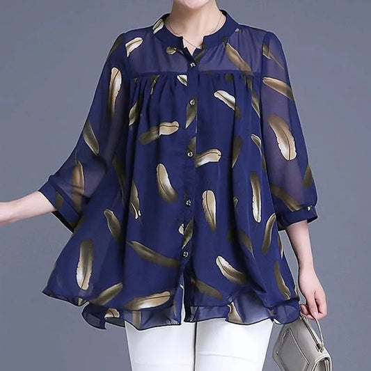 Women's 3/4 Sleeve Casual Printed Chiffon Blouse Summer Fashion New Single-breasted Thin Loose Pullovers Shirt Female Clothing