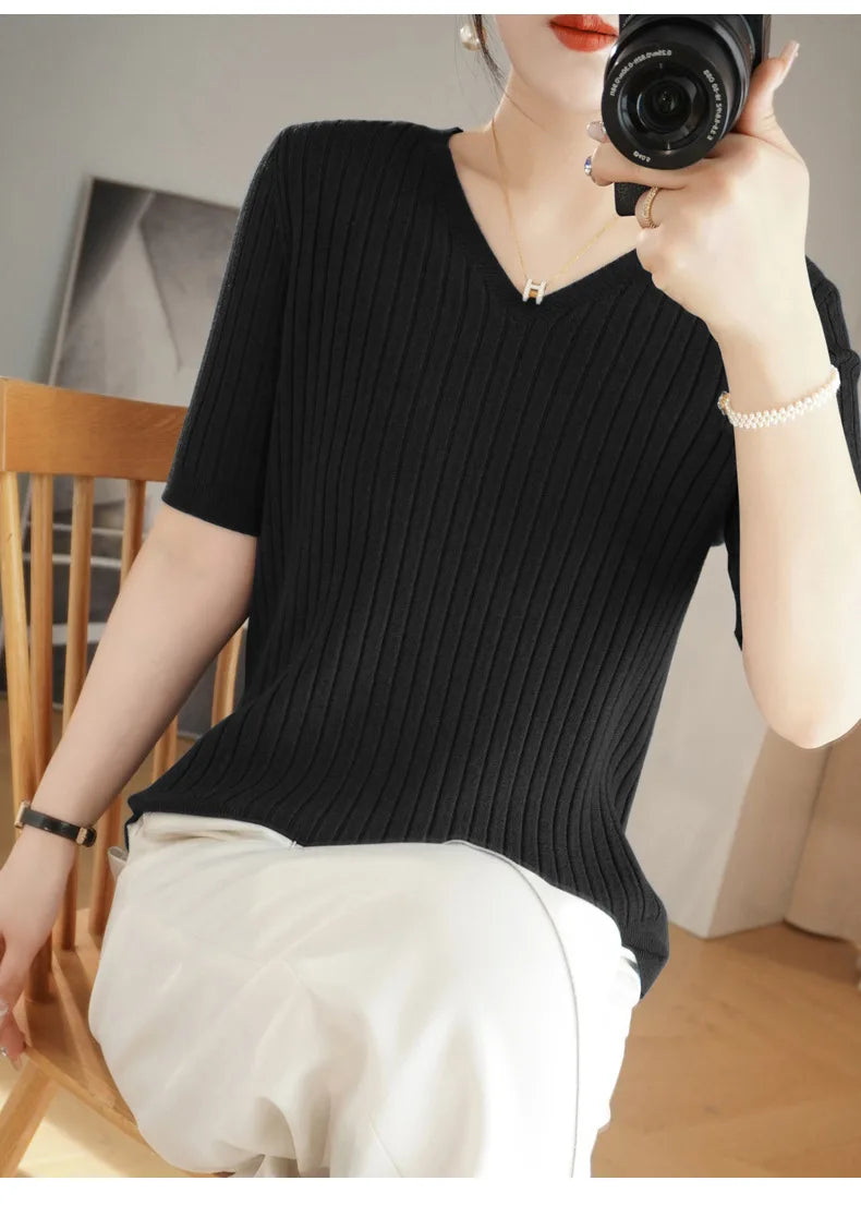 2024 new Women's Clothing Pullovers Sweaters Spring Summer New V-neck Short sleeved Knitted Shirt Base Shirt Solid Color Jumpers