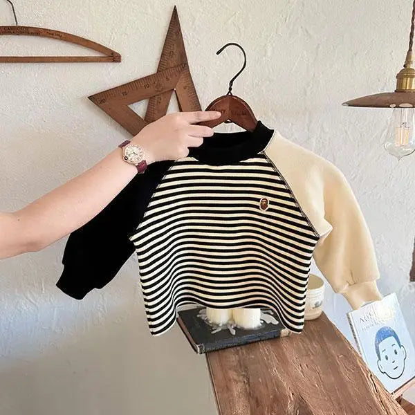 Autumn Winter Children Boy Striped Sweatshirt Cotton Spliced Long Sleeve Velvet Toddler Boy Pullovers Infant Baby Boy Undershirt