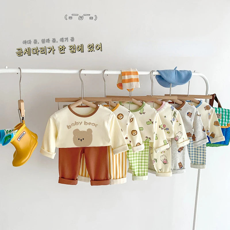 2024 Korean Ins Kids Loungewear Outfit Set Cotton Autumn Pants Boys Girls Pajamas Baby Winter Indoor Clothes 0 To 24 Months