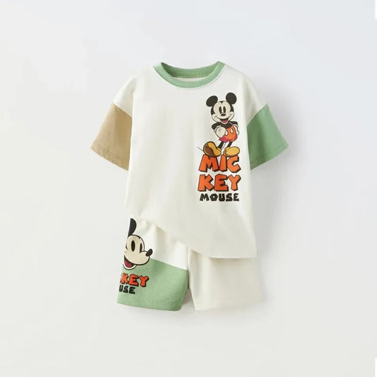 Mickey Tshirt +Shorts Children Fashion Sports Costume Suits Crewneck Tops Cotton Soft Wear Kids Summer Short Sleeve 2 Piece/Set