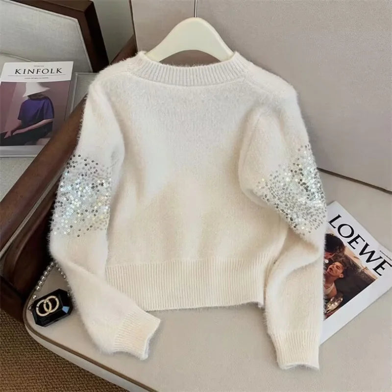 Women's Long Sleeve O-Neck Knit Pullover, Chic Sequin Sweater, Korean Fashion, Casual Street Top, Short, Autumn, Winter