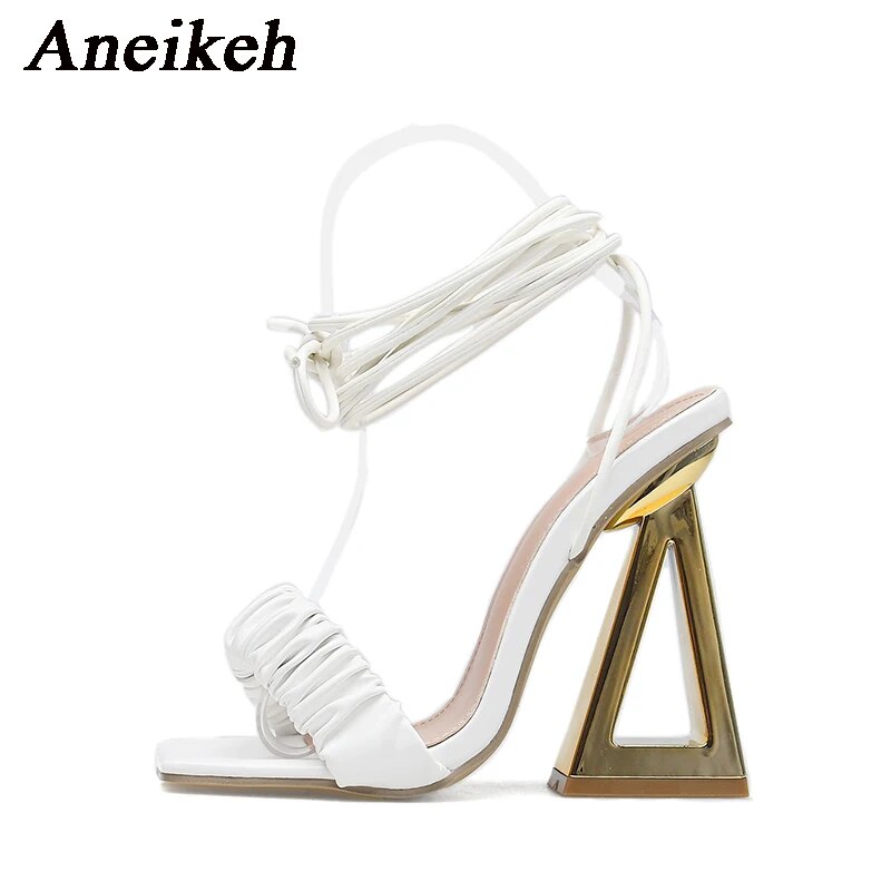 2024Fashion Strange Triangle High Heels Gladiator Sandals Women Pleated Cross Lace Up Summer Open Toe Wedding Prom Shoes