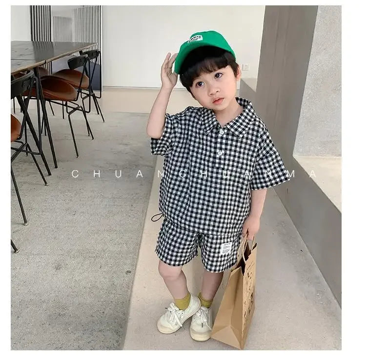 Children Clothing 2023 New Fashionable Boys Clothes Set Spring Summer Kids Sports Style Short Sleeves Plaid Shorts Two Piece Set