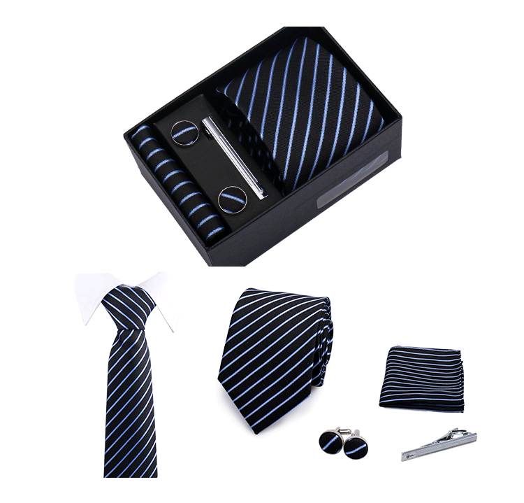 Fashion Elegant Men's Necktie Gift Box Striped Tie Handchief Cufflink Tie Clip 4 pcs Set Wedding Business Party Suit Accessories