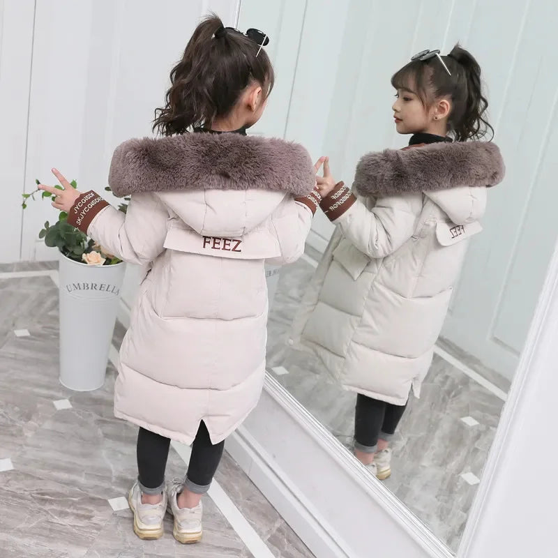 Children Winter Down Cotton Jacket 2024 New Fashion Girl Clothing Kids Clothes Thick Parka Fur Hooded Snowsuit Outerwear Coat