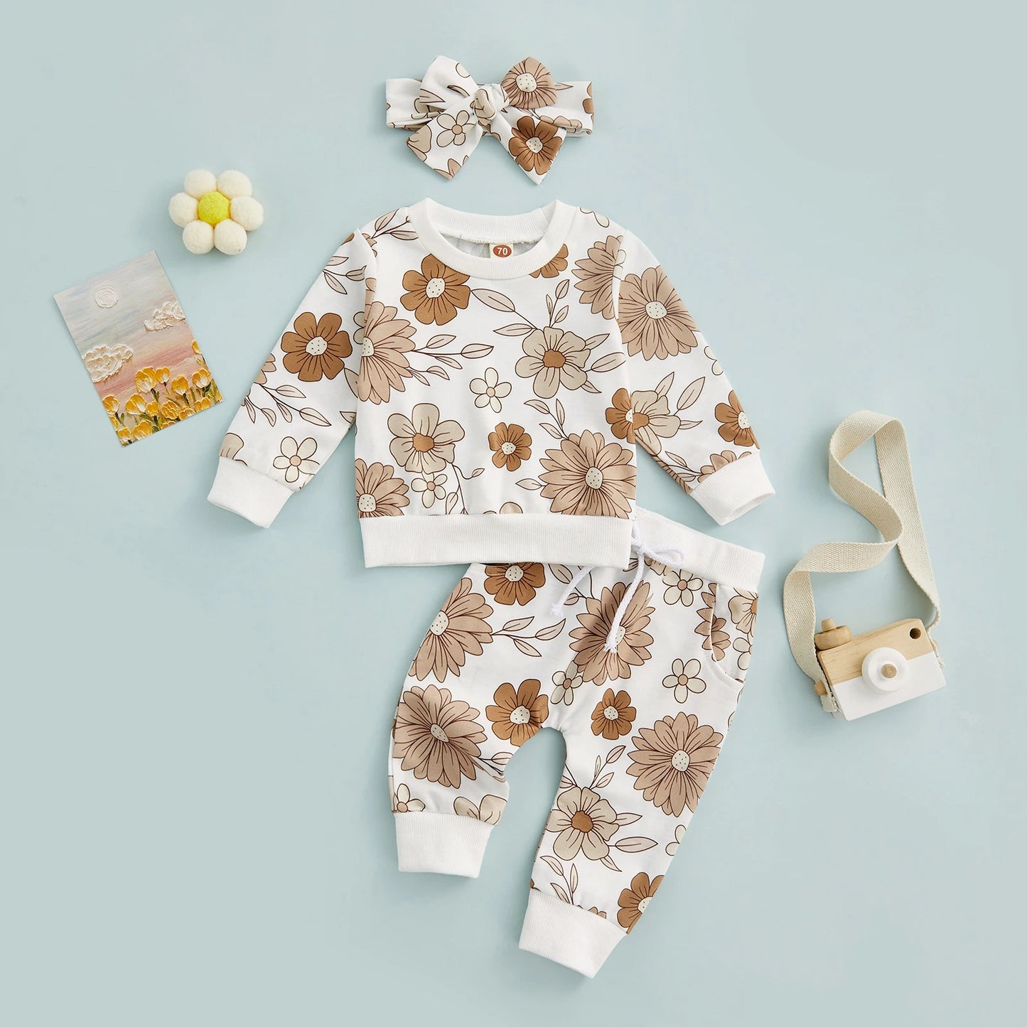 2022-08-03 Lioraitiin 0-3Years Kid Baby Girl Autumn Clothes Set Long Sleeve Flower Print Pullover Trousers Headband