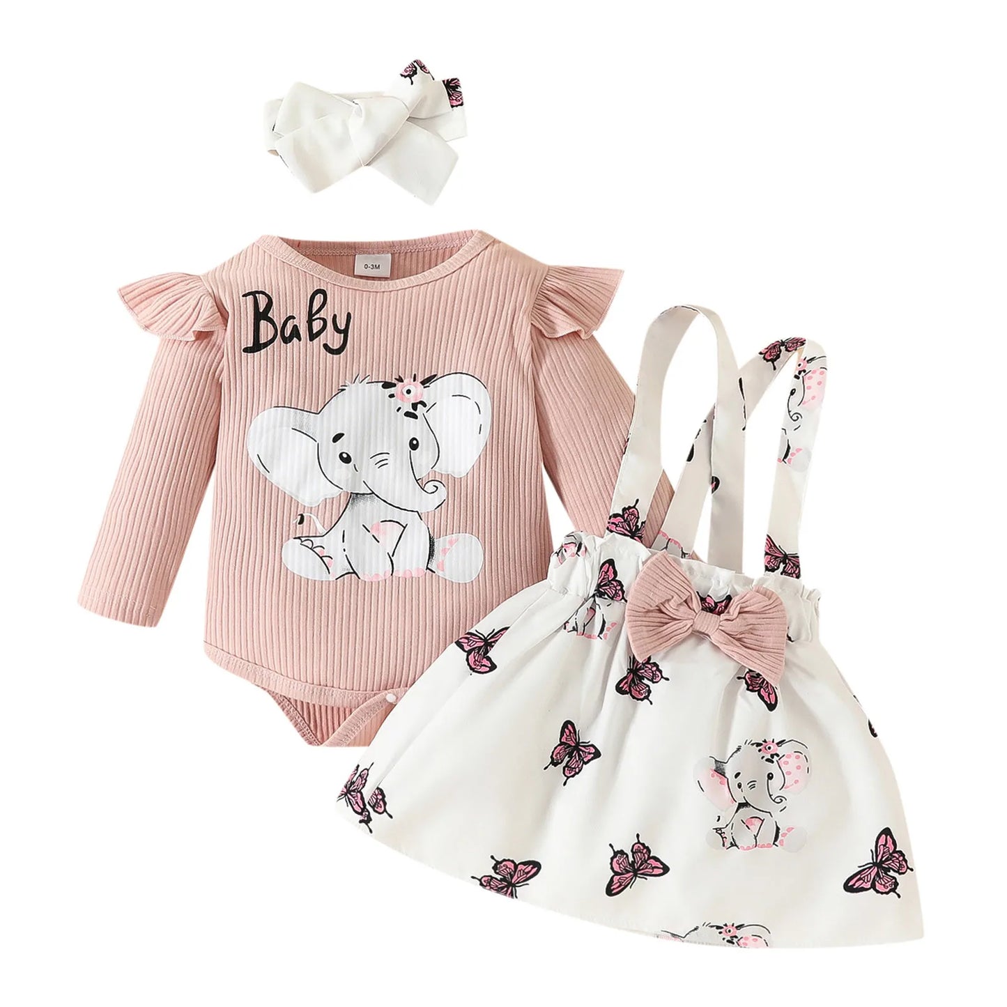 3 6 12 24 Months Infant Baby Girls Clothes Sets Cartoon Elephant Long Sleeve Rib Romper +Suspender Skirts+Headband 3Pcs Outfits