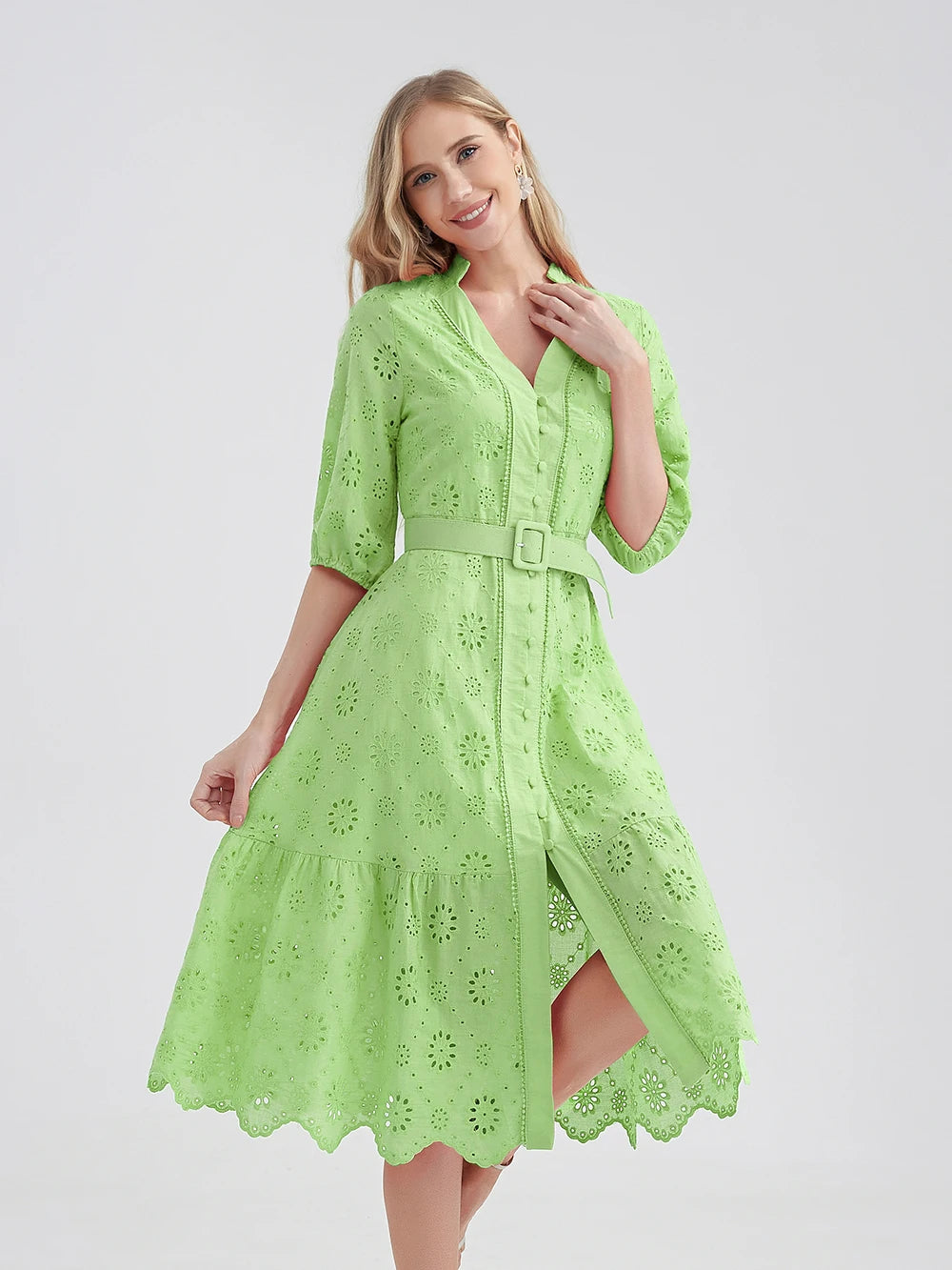 ARWEN & AJH GROUP  Cotton Hollow Out Summer Dress Women Holiday   Casual High Waist Ruffled Mini V-Neck Dresses A-line Frills