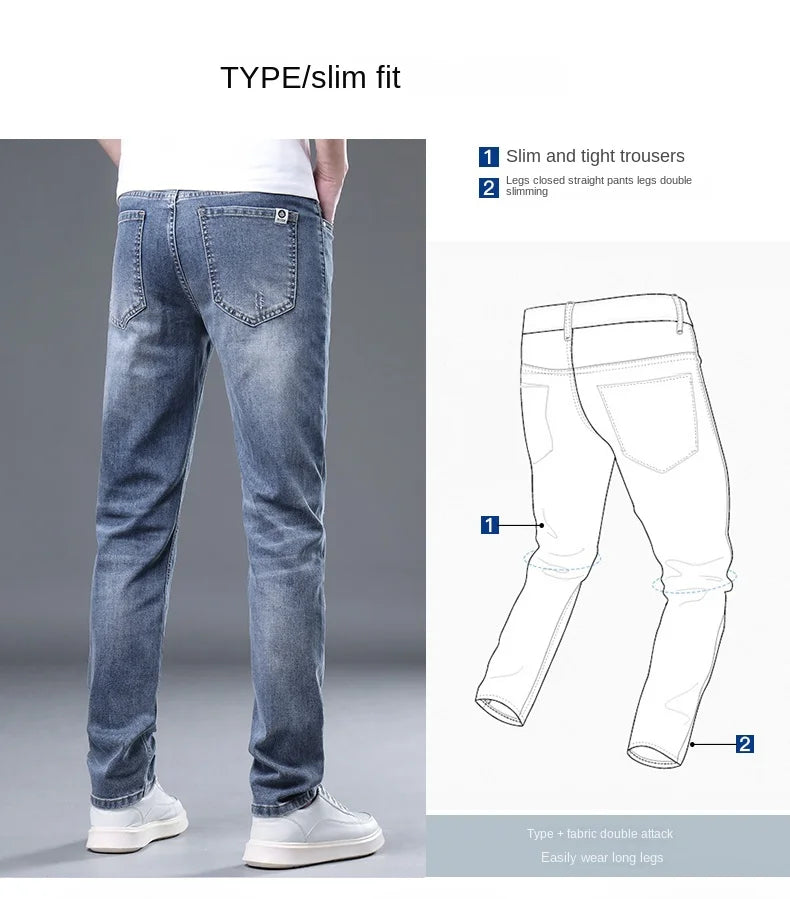 2024 summer new thin section jeans men's elastic Slim straight loose casual versatile pants men's blue light business pants