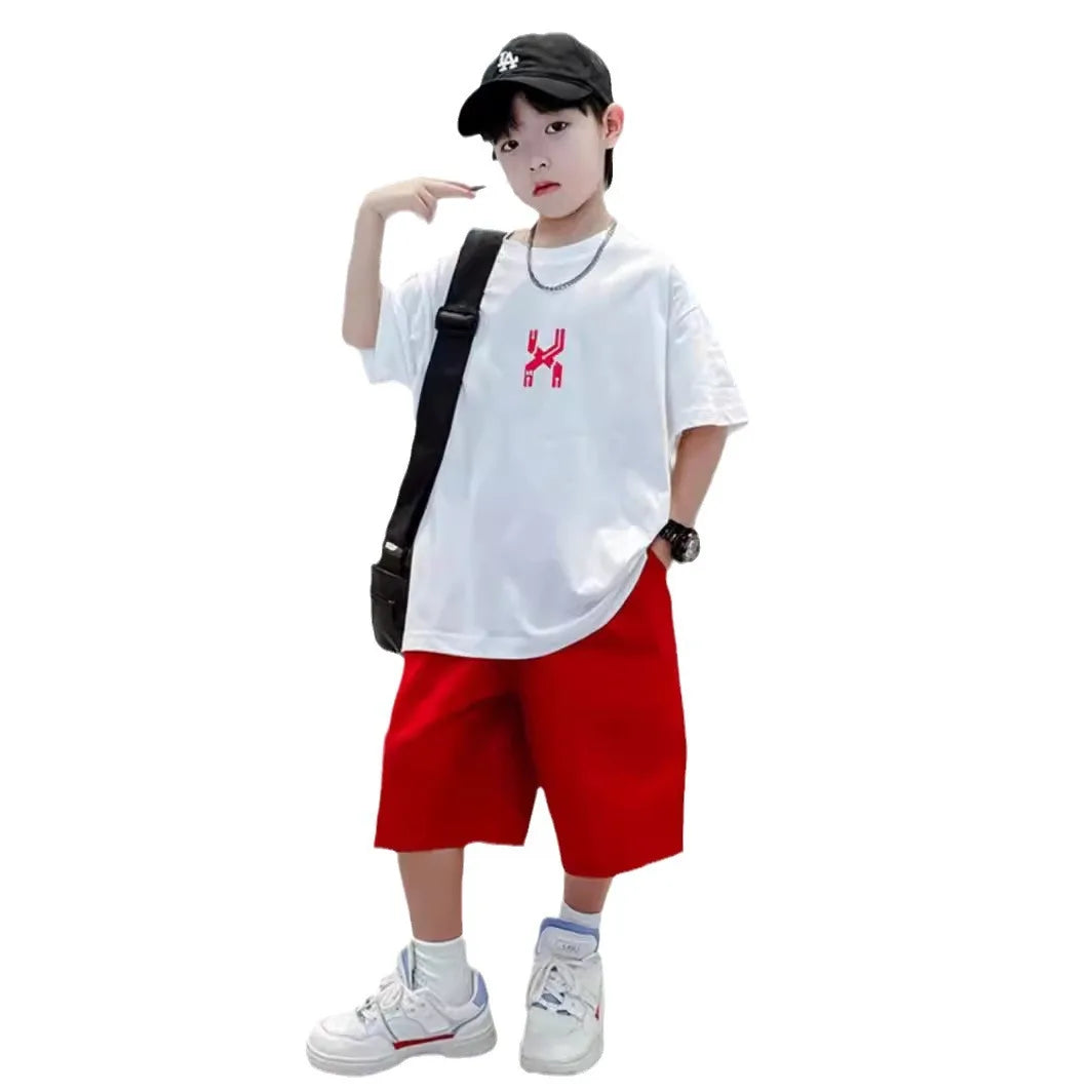 Junior Boy Summer Short-sleeved Suit Loose T-shirt + Shorts Sports Two-piece Suit Trendy Loungewear Outfit Children's Set