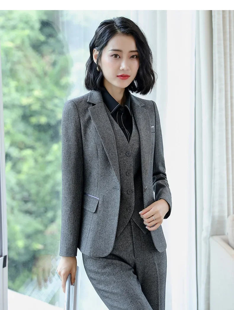 Spring Black Gray Blazer Set for Women Uniform Lady Work Outfit with Skirt Office Suits Female Formal Elegant 2 PCS