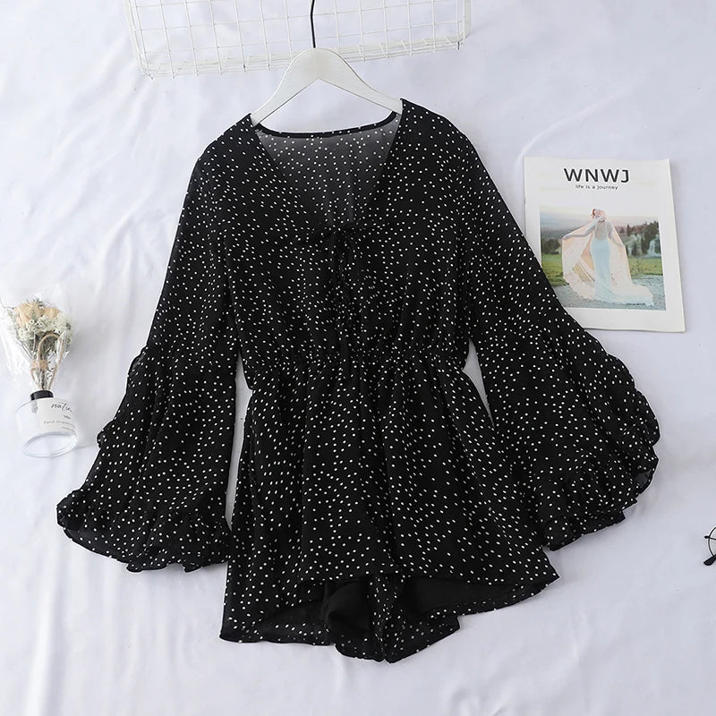 ARWEN & AJH GROUP Spring Summer all-match Playsuits Polka Dot Vintage Long Shirt Women sexy BOHO Style Satin Printed Chiffon Bandage Rompers 2024