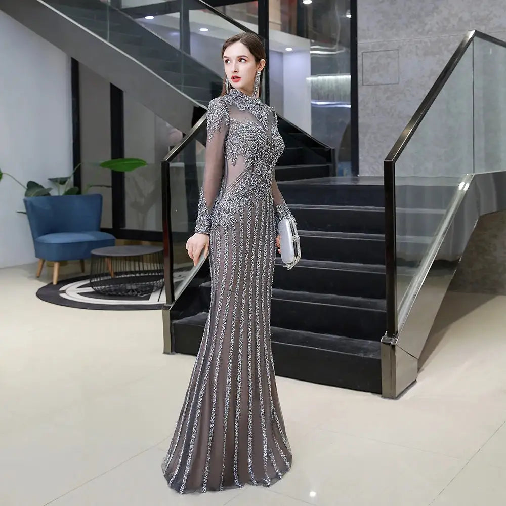 أروين AJH ARWEN  Gorgeous Long Sleeve Prom Dress Luxury Mermaid Evening Dress Gray High Neck Ilusion Appliques Beading Rhinestones Formal Gown