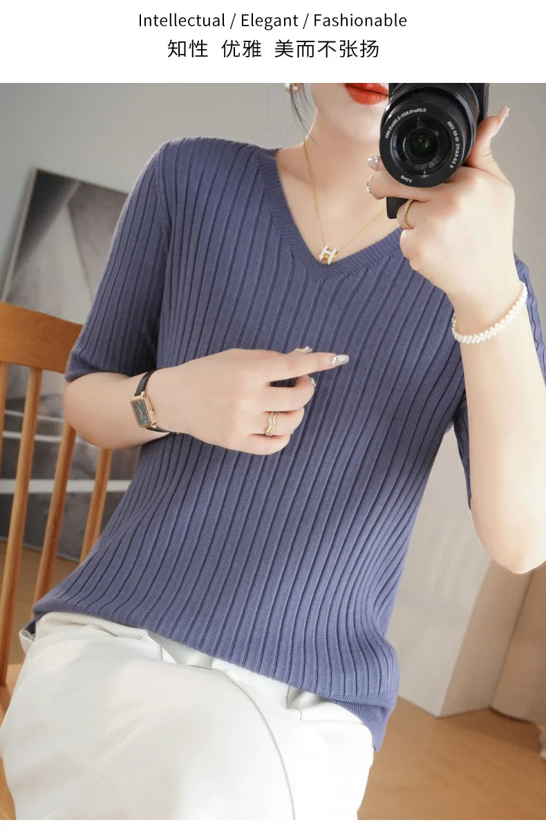 2024 new Women's Clothing Pullovers Sweaters Spring Summer New V-neck Short sleeved Knitted Shirt Base Shirt Solid Color Jumpers