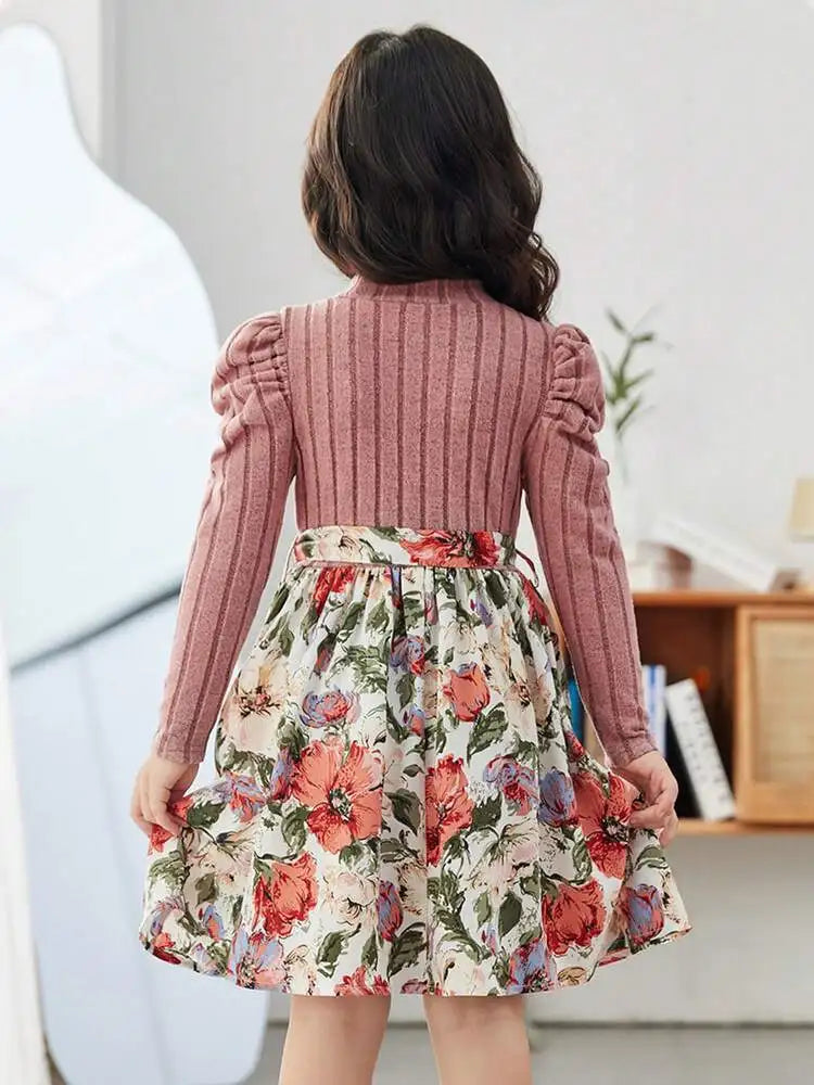 Autumn new girls floral print puffs sleeve east with fashion casual dress