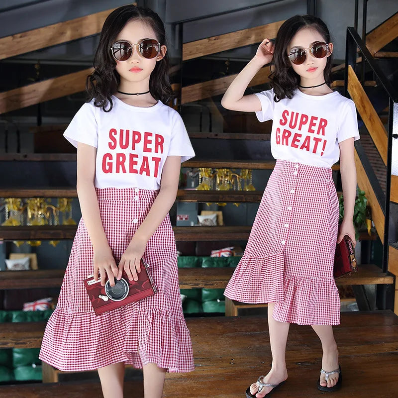 2024 new Summer Clothes Kids Girls Fashion Outfit Children Cotton Letter T shirt + Split Plaid Skirts 5 6 7 8 9 10 11 12 13 year