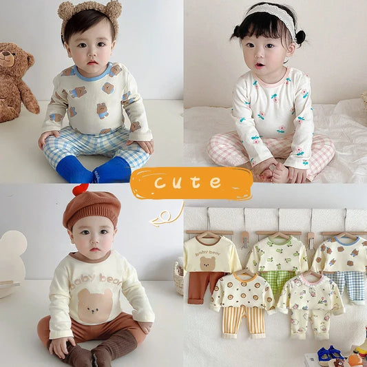 2024 Korean Ins Kids Loungewear Outfit Set Cotton Autumn Pants Boys Girls Pajamas Baby Winter Indoor Clothes 0 To 24 Months