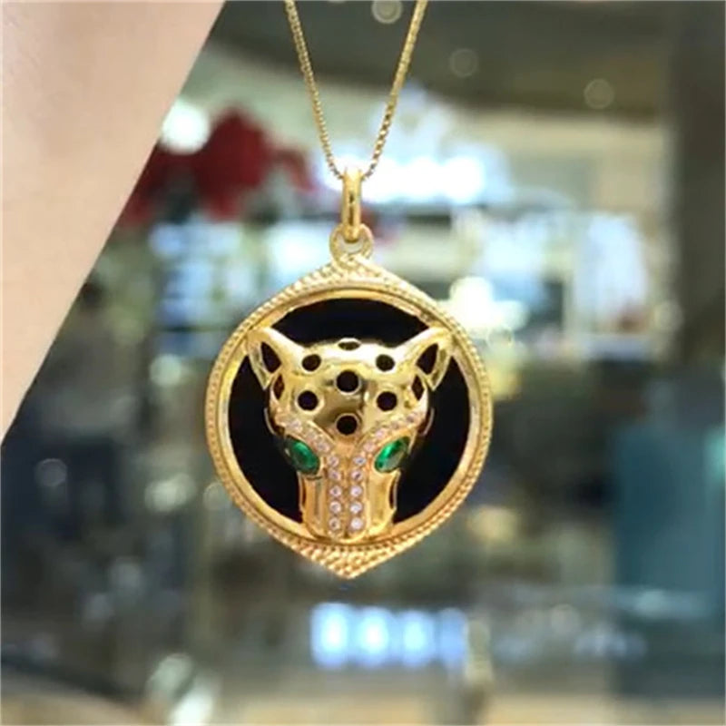 100% Real AU750 18K Gold Leopard Necklace Women Black Agate Pendant Green Eyes With Certificate Waterproof Fine Jewelry