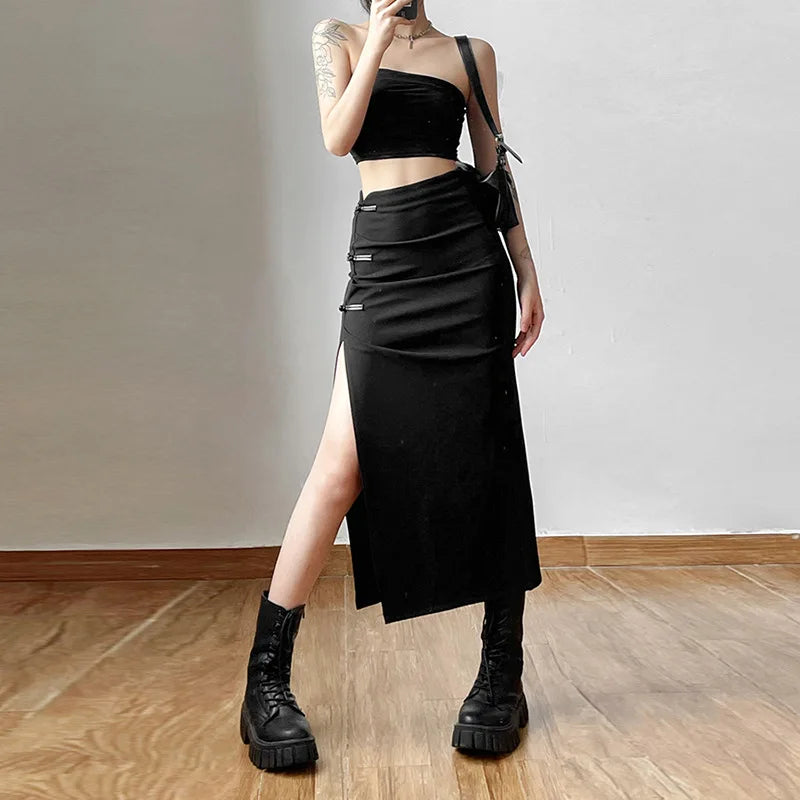 مجموعة اروين arwen&ajh group 2024  Black Skirts Sexy Women A-line Slits High Waist Slim Skirt Hip-covering Solid Mid-length Long Streetwear Street Clothes