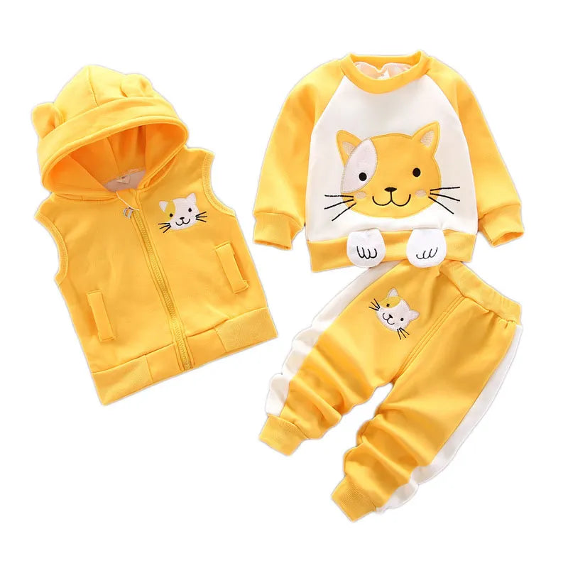 Winter Cold Children Set Boy Girl Thicken Plush Warm 2024New Cartoon Bear Vest+Top+Pant 3Pcs for Kids Clothes Baby Clothing Set