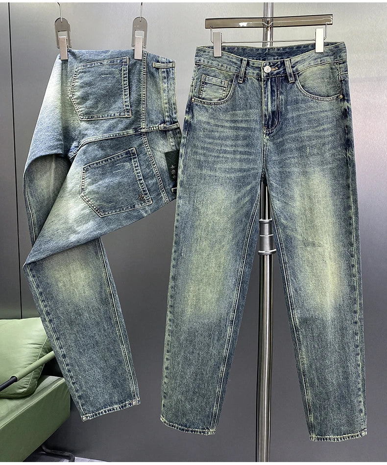 Thin section light blue jeans high-end simple fashion loose straight pants spring and summer casual versatile men's pants