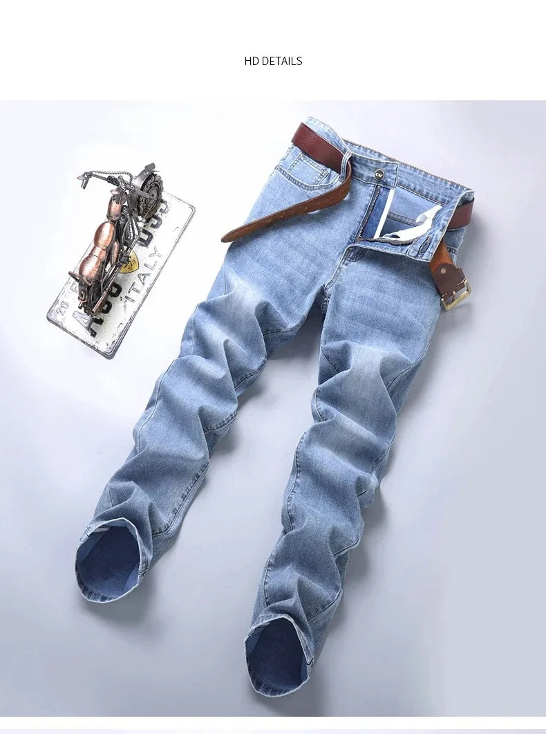 New in Men's Straight Jeans Summer Thin Casual Stretch Fashion Business Casual Denim Pants Straight Classic Male Trousers