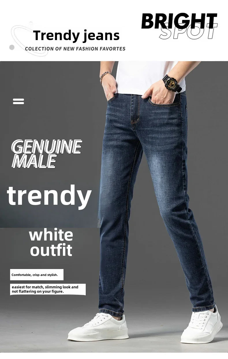 Luxury Brand Men's Jeans Slim Fit High Elasticity Versatile Blue Straight Leg Denim Trousers For All Seasons Casual Wear