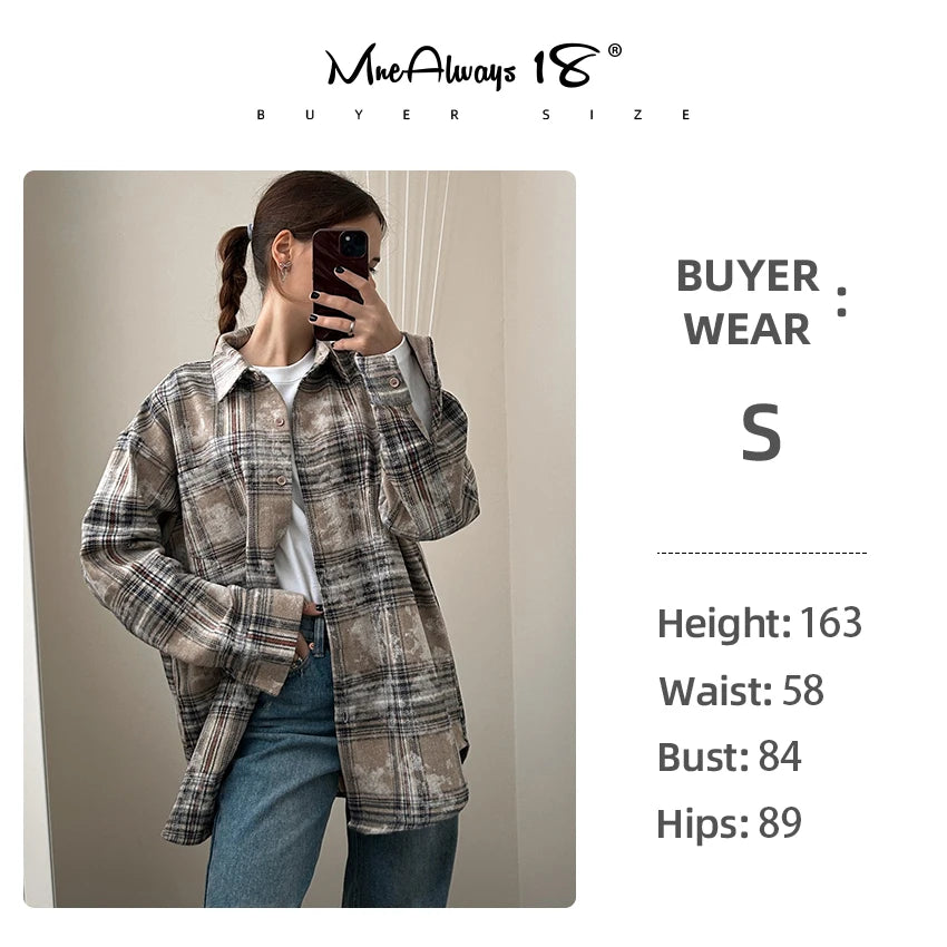 Mnealways18 Street Oversize Vintage Gingham Blouses Women Long Sleeve Classic Shirts Casual Pocket Ladies Plaid Tops Spring 2024