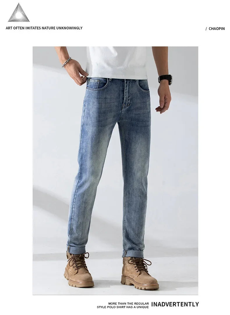 Trendy Casual Men's Denim Trousers High End Thin Cutting Edge Style Slim Fit Stretchy Regular Fit Small Straight Leg