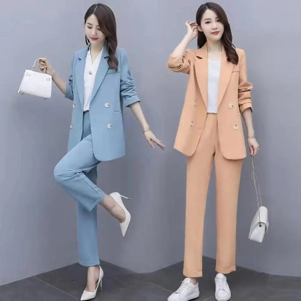 Women Spring Coat Elegant Women's Business Suit Set with Double-breasted Coat High Waist Pants for Formal Office Wear Commute