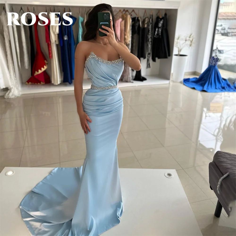 مجموعة اروين ARWEN GROUP AJH 2024    ROSES Sky Blue Evening Dress Scoop Mermaid Party Dress with Pleats Satin   Sexy Crystal Prom Dress Free Shipping