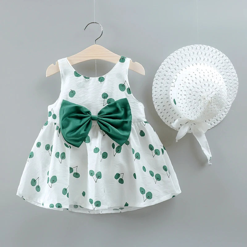 ARWEN & AJH GROUP    New Summer 2-piece Baby and Toddler Fruit Apple Cherry Allover Bow Decorative Sleeveless Dress and Hat Set