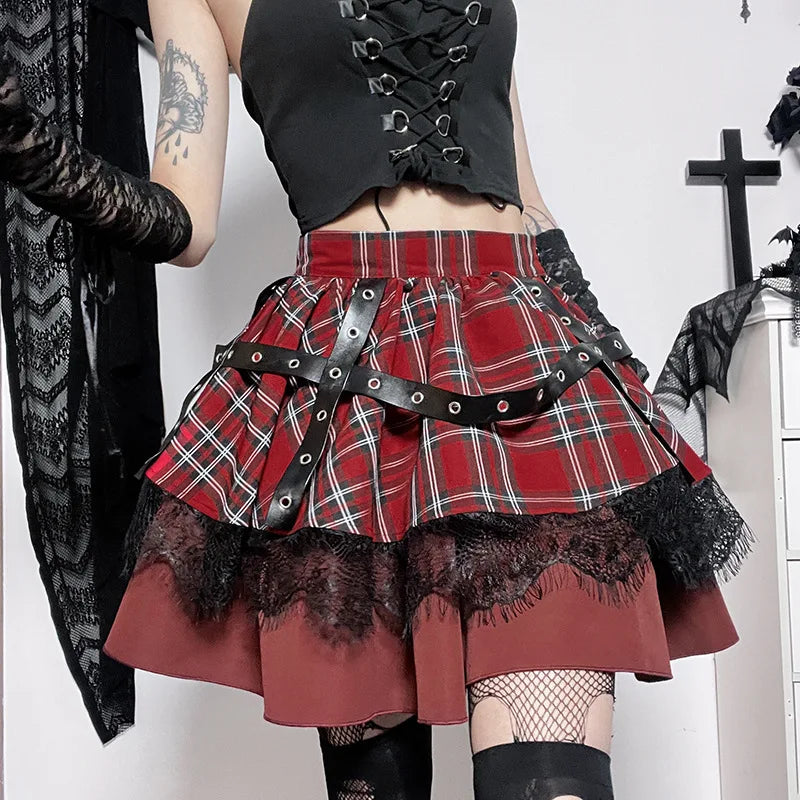 مجموعة اروين arwen&ajh group 2024  Gothic  Girls Plaid Pleated Skirt Punk Sweet Lace Kawaii Clothing  Lolita Cake Mini Skirts Cosplay Costume