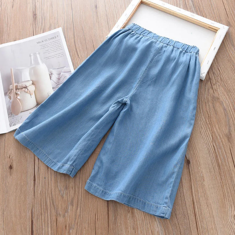 2024 New Fashion Children Wide Leg Pants Summer Casual Thin Chiffon Cropped Trousers For Teenager Girls Clothes 2 4 6 8 10 Years