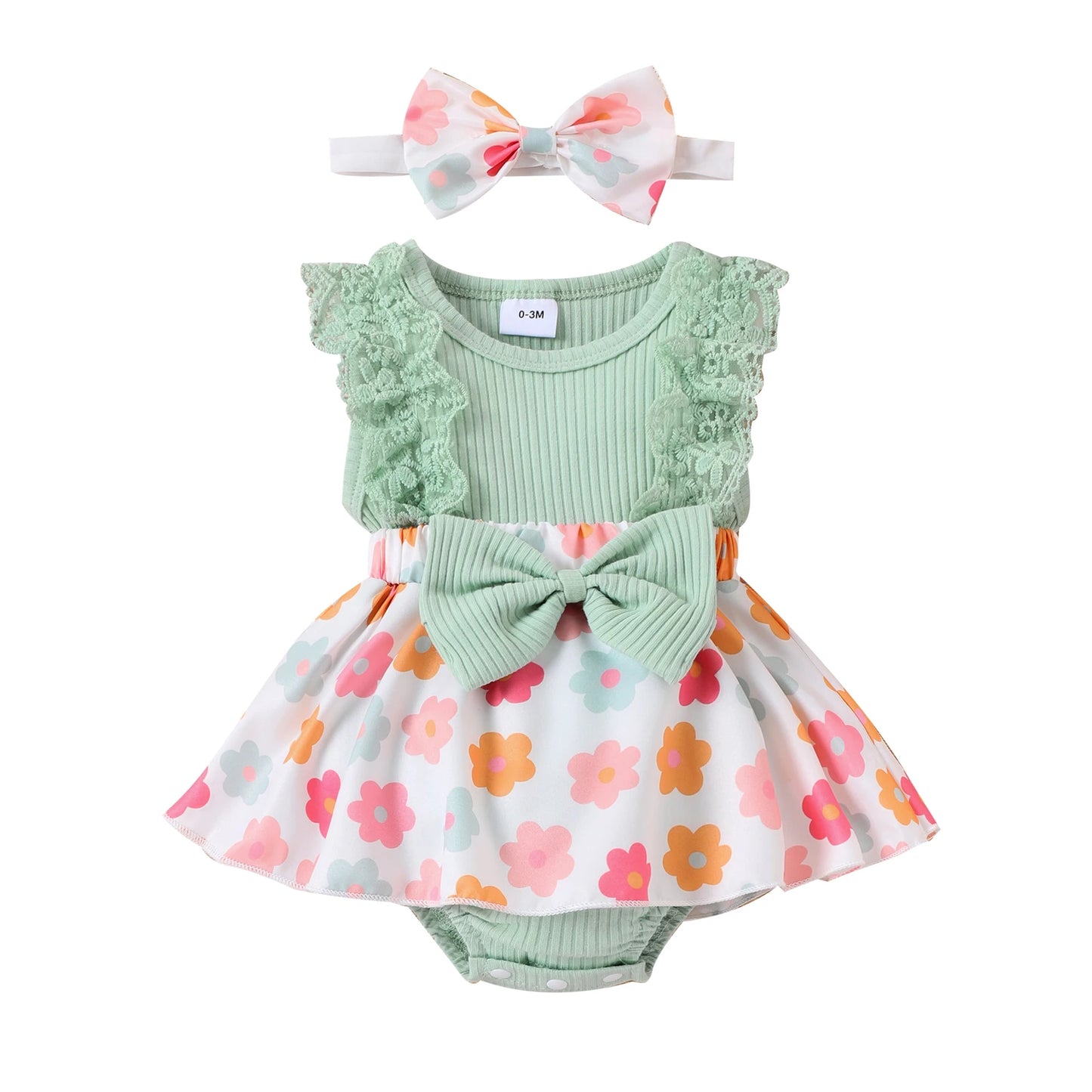 2pcs Infant Baby Girls Romper Dress Patchwork Flower Print Lace Sleeveless/Long Sleeve Crew Neck Front Bowknot Jumpsuit Headband