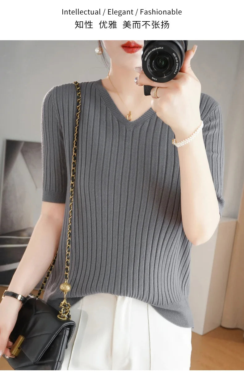 2024 new Women's Clothing Pullovers Sweaters Spring Summer New V-neck Short sleeved Knitted Shirt Base Shirt Solid Color Jumpers