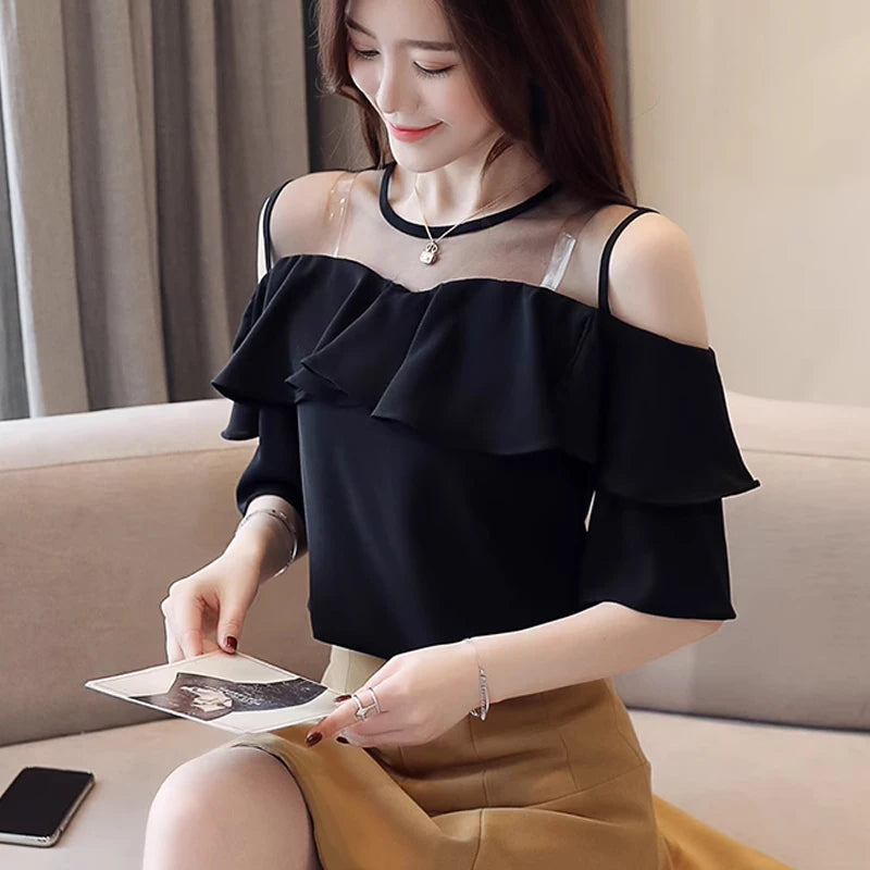 Summer Women Blouses 2024 White Women's Shirts Office Lady Clothes Short Sleeve Chiffon Blouse Woman Off Shoulder Tops 4206