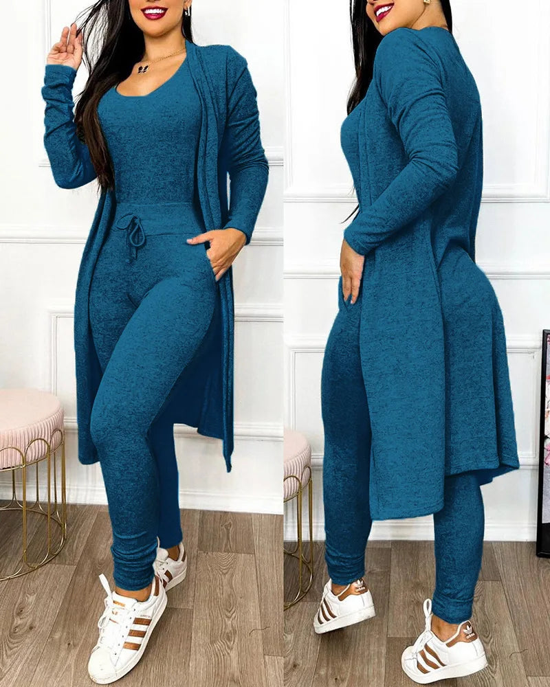 Drawstring Pocket Design Jumpsuit & Coat Set Solid Color Women Autumn Lace Up Long Top Slim Fit Pencil Pants Fashion