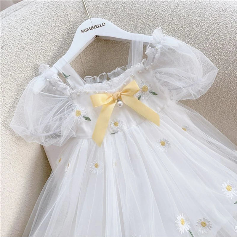 Girls Party Dress Summer Elegant Princess Dress Cute Daisy Boat Neck Bare Shoulders Dress 2-9 Years Kids Birthday Party Clothes