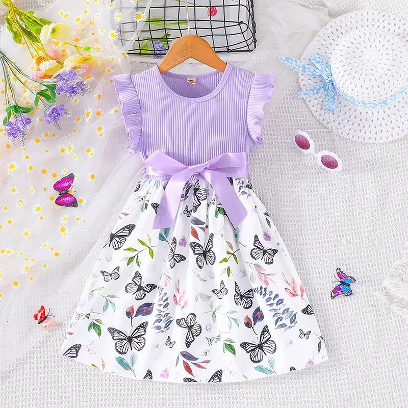 Set For Kids  Girl 3-7 Years old Ruffled Sleeve Butterfly Floral Tulle Cute Princess Formal Dresses with Belt Ootd For Baby Girl